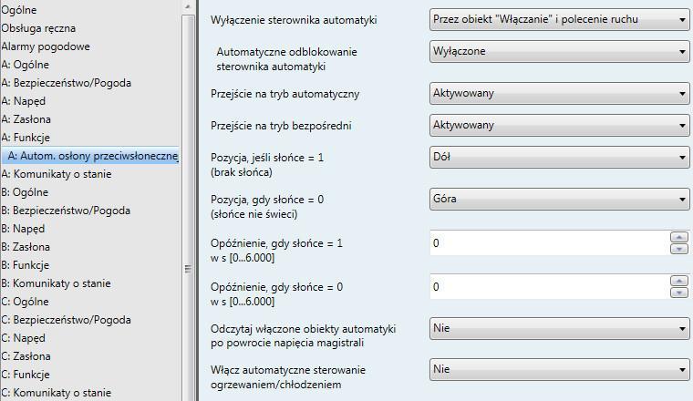 ABB i-bus KNX 3.2.5.4.2 Okno parametrów A: Autom. osłony przeciwsłonecznej To okno parametrów służy do wprowadzania wszystkich ustawień automatyki osłony przeciwsłonecznej.