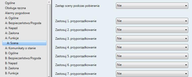 ABB i-bus KNX 3.2.5.4.3 Okno parametrów A: Scena To okno parametrów służy do wprowadzania ustawień dla sceny 8-bitowej. Każde wyjście można przyporządkować do maksymalnie 18 scen.