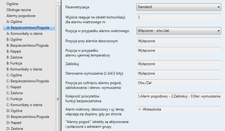 ABB i-bus KNX 3.2.6.1 Okno parametrów A: Bezpieczeństwo/Pogoda To okno parametrów służy do wprowadzania ustawień dotyczących funkcji Bezpieczeństwo/Pogoda.