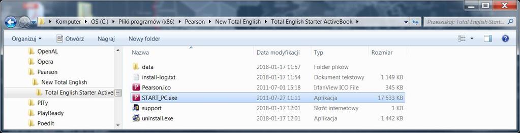 13. Następnie należy w Eksploratorze Windows odnaleźć folder (katalog), do którego zostało zainstalowane oprogramowanie z płyty dostarczonej z podręcznikiem (patrz punkt 5.