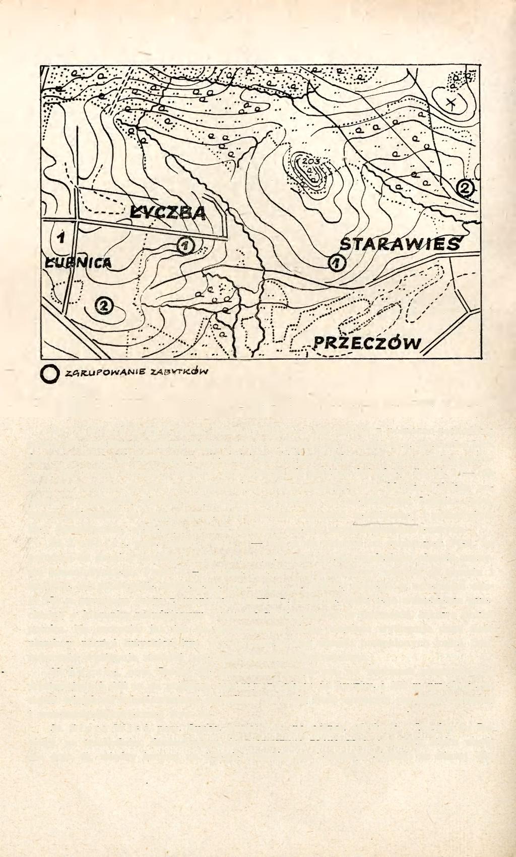160 Ryc. 6. Łubnica, Łyczba i Stara Wieś, pow. Busko. Usytuowanie stanowisk w terenie 31. Orzelec Duży, pow. Busko. Punkt 1 na polach z północno-zachodniej strony wsi znaleziono czworościenną siekierkę wykonaną z piaskowca.