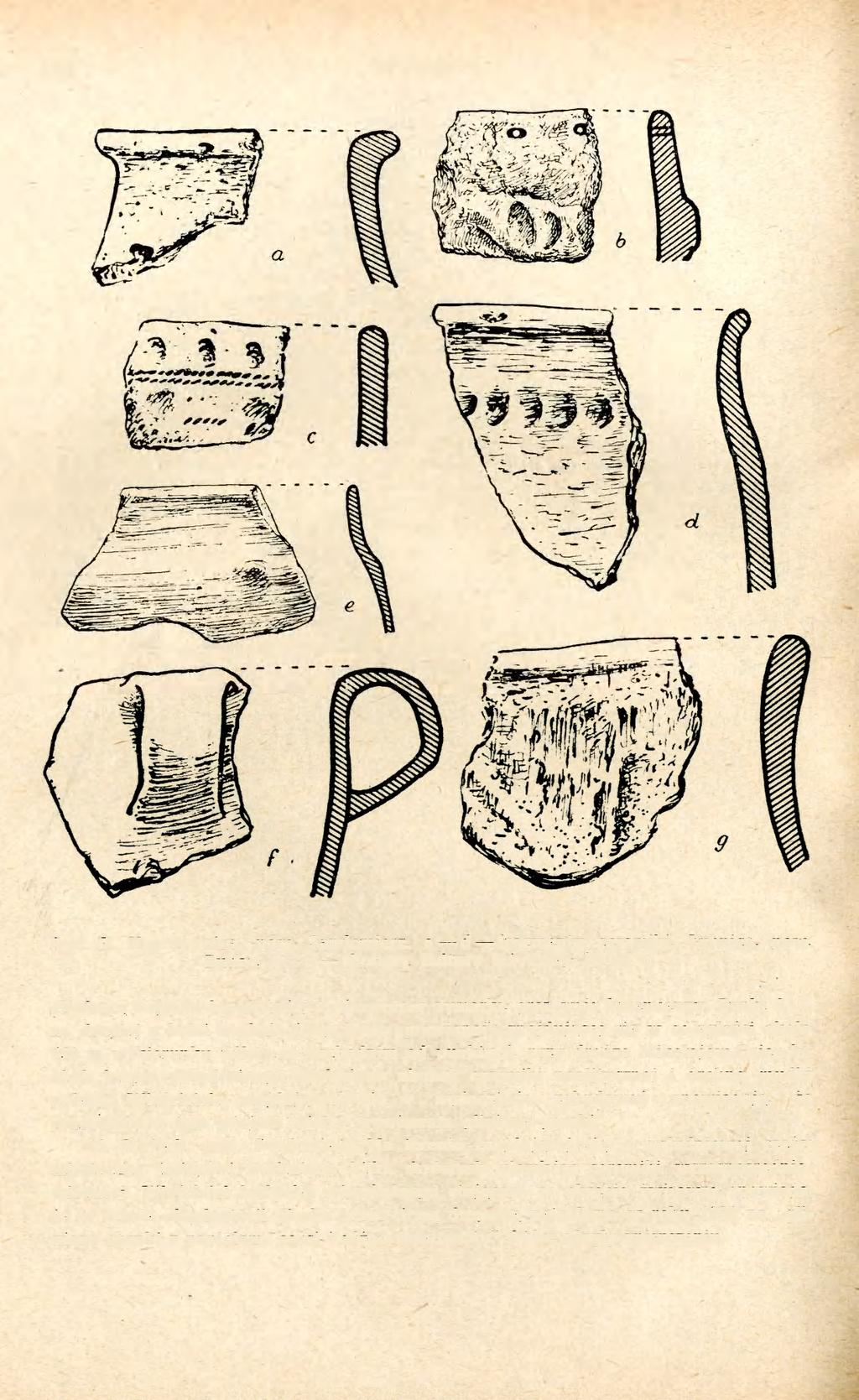 162 Ryc. 7. Koprzywnica, pow. Sandomierz, a d fragmenty ceramiki. Łubnica, pow. Busko, e g skorupy kultury łużyckiej; V2 w. n. chodzącą najprawdopodobniej z pierwotnej dymarki, oraz wiór krzemienny.