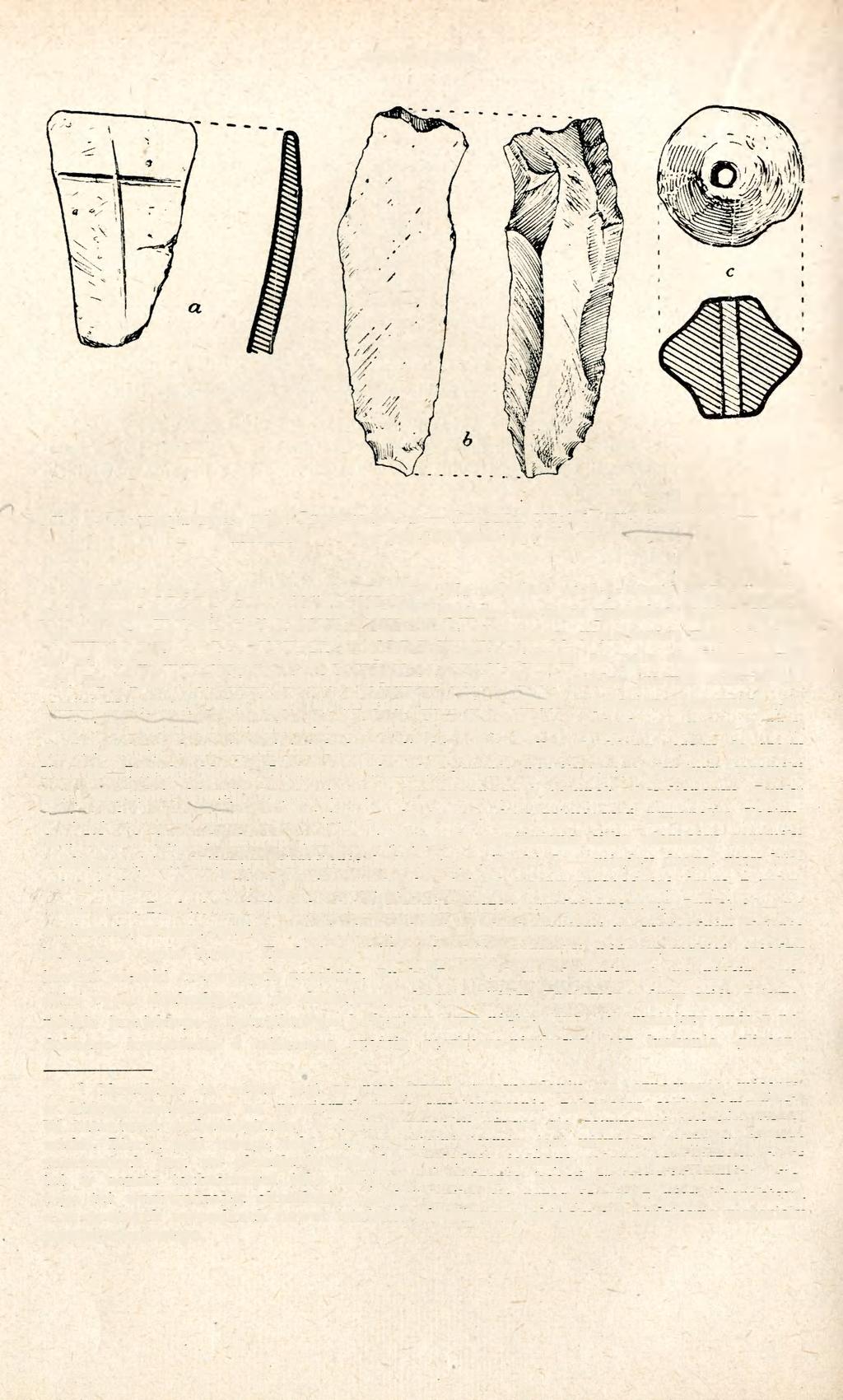 152 Ryc. 1. Wawrzyńczyce, pow. Proszowice, a Skorupa ceramiki wstęgowej, b wiór krzemienny, с przęślik gliniany; 1/2 w. n. 2. Wawrzeńczyce, pow. Proszowice. Na południe od tej samej szosy, na polach przyzałomowych drugiej terasy Wisły natrafiono na kilka punktów 2 występowania ceramiki.