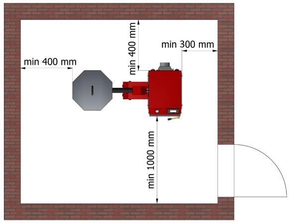 Zaleca się pozostawienie min 1000 mm wolnej przestrzeni z przodu kotła, min 300 mm od boku