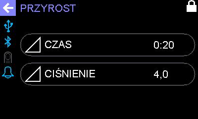 WAŻNE CZĘŚCI Opis ekranu Zegar (jeśli aktywny) kony statusu (patrz wkładka) Bieżące ciśnienie dostarczane Wskaźnik wzmacniania ciśnienia i pozostałego czasu Ciśnienie terapeutyczne Ekran gotowości: