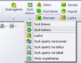 Szyk kołowy Z paska operacje wybierzmy Szyk kołowy, rys. 10. Rysunek 10. Wybieramy Szyk kołowy W oknie Właściwości Szyku kołowego, jako pierwszy krok w definiowaniu szyku musimy wskazać oś szyku.