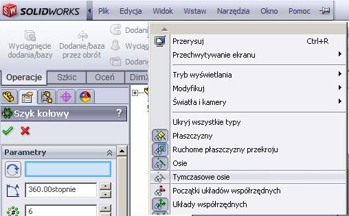 Należy teraz kliknąć oś bryły obrotowej. Następny krok to wskazanie jakie obiekty maja zostać powielone szykiem. Częstym błędem jest wskazanie jedynie kołka.