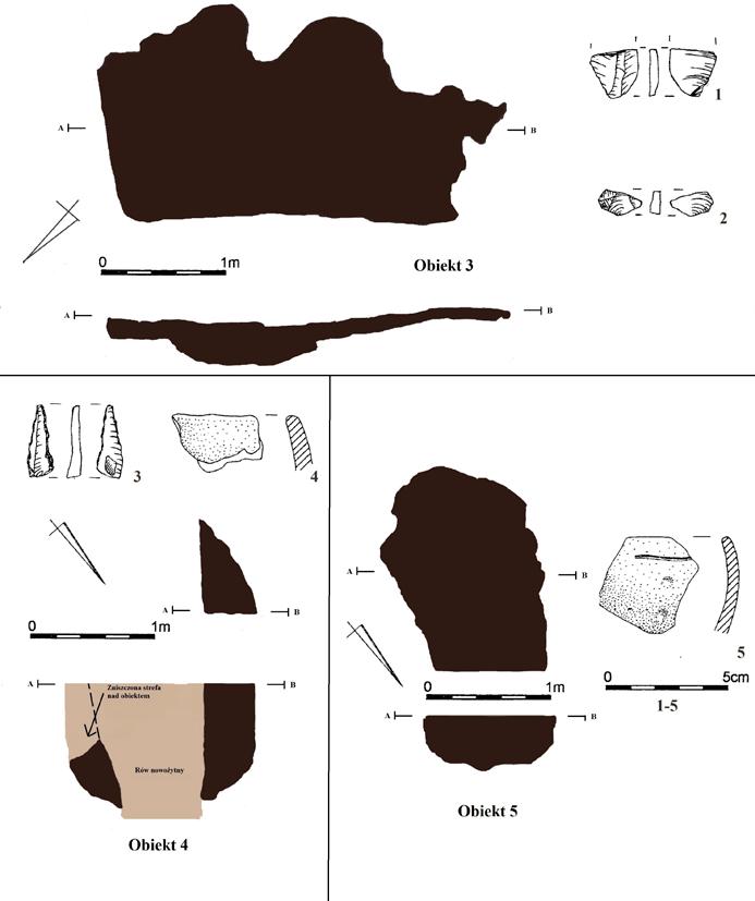 Tabl. V. Biesiadki, gm. Gnojnik, stan. 16. Materiał ceramiczny i kamienny z obiektów nr 3 (1 2), 4 (3 4), 5 (5) (rys. A. Kukułka, A.