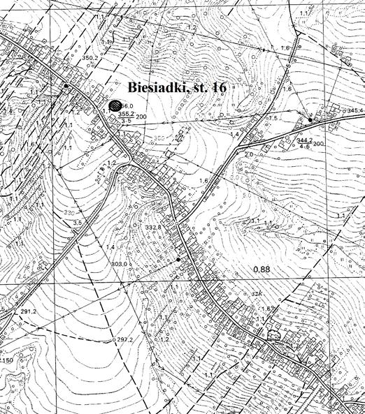 Ryc. 1. Biesiadki, gm. Gnojnik, stan. 16. Lokalizacja stanowiska Abb. 1. Biesiadki, Gde. Gnojnik, Fst. 16. Fundstellenlage OBIEKTY NIERUCHOME Na stanowisku 16 w Biesiadkach wyeksplorowano i zadokumentowano 12 obiektów wziemnych (ryc.