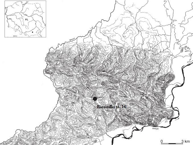 38 Ryc. 3. Biesiadki, gm. Gnojnik, stan. 16. Lokalizacja stanowiska na Płaskowyżu Wiśnickim (podkład wg P. Valde-Nowak 1998, ryc.