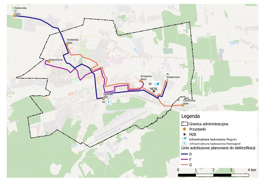 Rysunek 3. Proponowana elektryfikacja linii autobusowych Źródło: Opracowanie własne. 3.1.3. Wariant 2 Zakłada zakup oraz eksploatację autobusów o napędzie elektrycznym opartym o ogniwa wodorowe oraz infrastruktury potrzebnej do obsługi taboru.