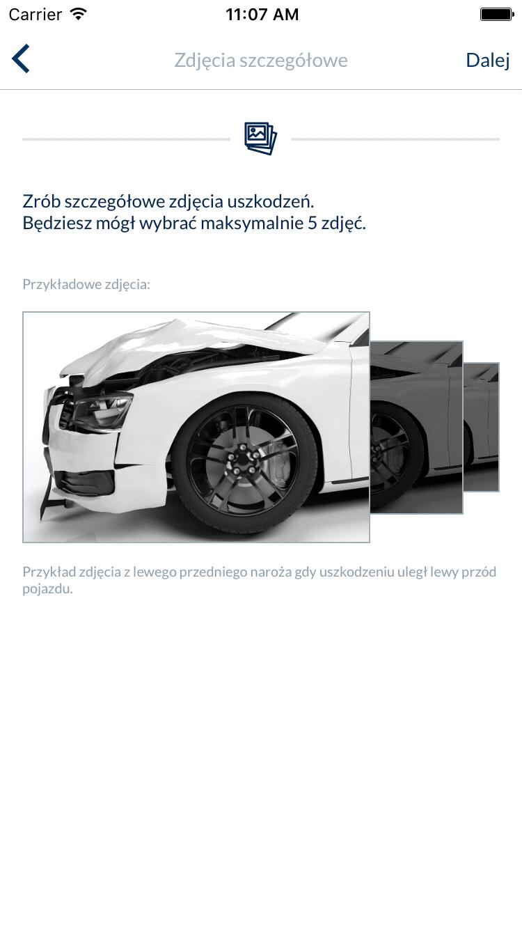 15 Wykonanie zdjęć uszkodzeń - krok 5 Następnie prezentowana jest krótka instrukcja informująca użytkownika o konieczności zrobienia szczegółowych zdjęć