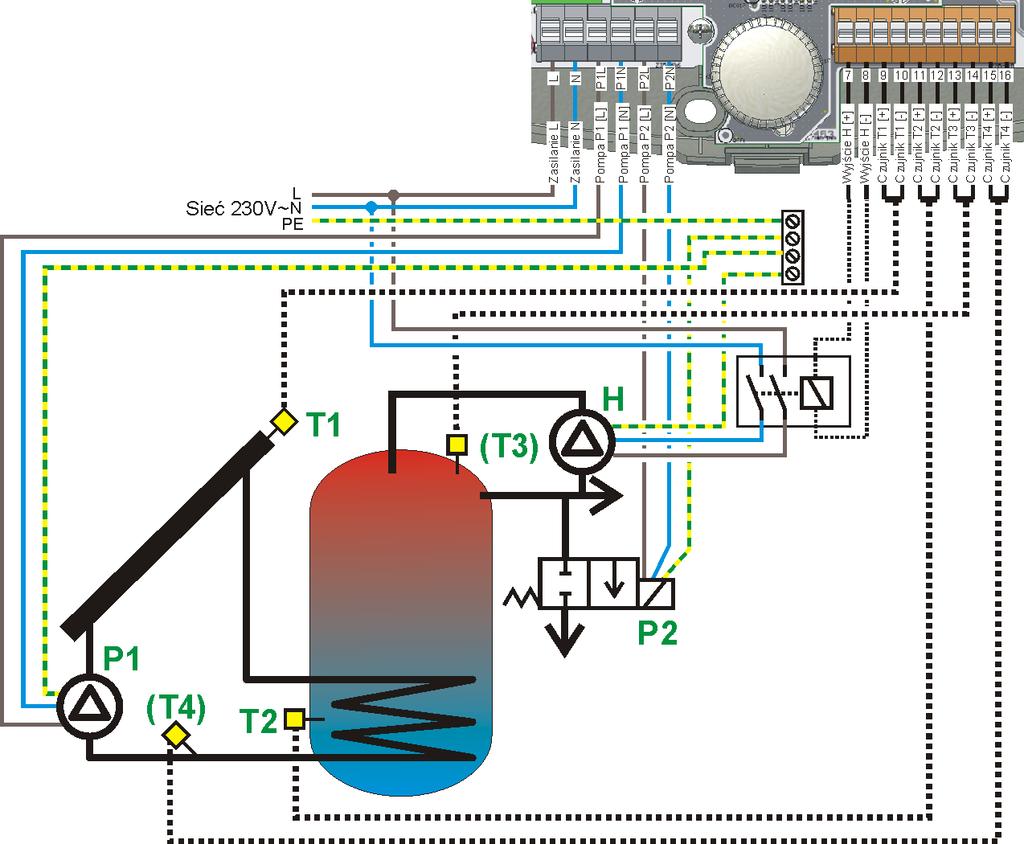 18.3. Aplikacja schemat solarny C Ładowanie zasobnika CWU panelem solarnym z dodatkową funkcją zrzutu ciepła do kanalizacji po przekroczeniu maksymalnej temperatury zasobnika (parametr TCWUmax).