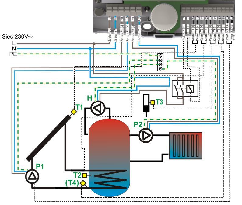 17.13. Aplikacja schemat solarny M Ładowanie zasobnika CWU i niskotemperaturowo instalację ogrzewania CO z wykorzystaniem czujnika temperatury pokojowej CT7. Rys.