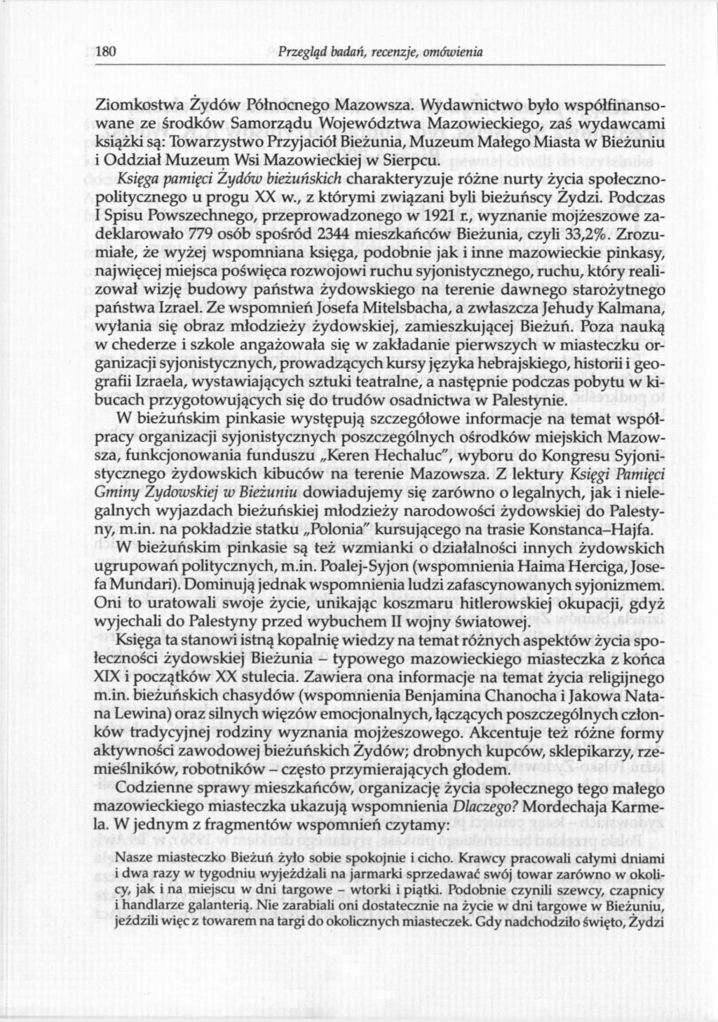 180 Przegląd badań, recenzje, omówienia Ziomkostwa Żydów Północnego Mazowsza.