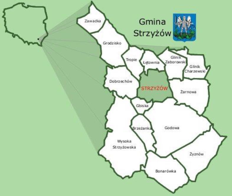 2. CHARAKTERYSTYKA GMINY 2.3. Położenie Gmina Strzyżów stanowi część powiatu strzyżowskiego oraz województwa podkarpackiego. Zaliczana jest do gmin miejsko-wiejskich.