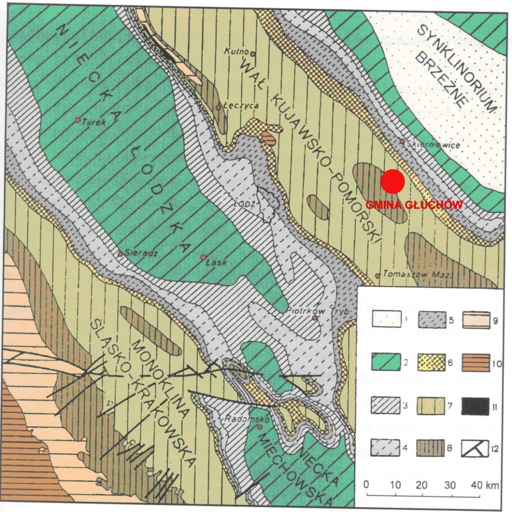 Mapa geologiczna Polski Środkowej bez utworów kenozoiku wg W.