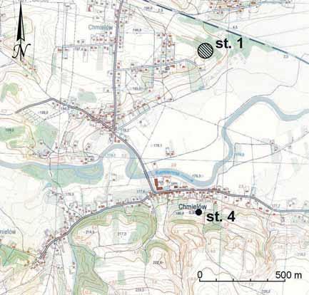 Ryc. 1. Chmielów, pow. Ostrowiec Świętokrzyski st. 4. Lokalizacja piecowiska (4) i cmentarzyska kultury przeworskiej (1).