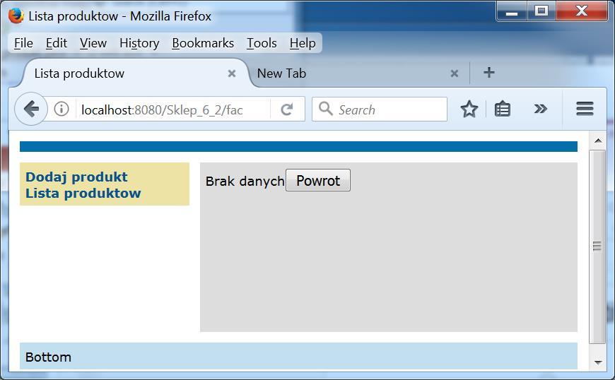 Po upływie 2 min próba wywołania strony Lista produktów za pomocą linku Lista produktów daje rezulat Brak danych,
