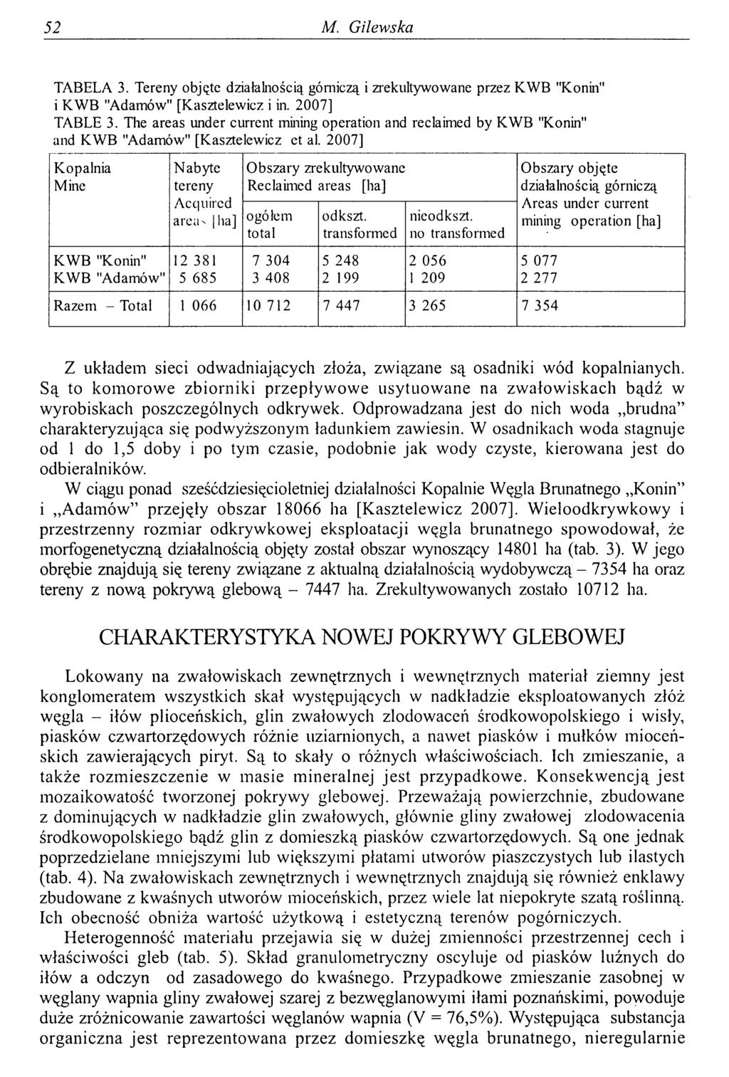 52 M. Gilewska TABELA 3. Tereny objęte działalnością górniczą i zrekultywowane przez KWB "Konin" i KWB "Adamów" [Kasztelewicz i in. 2007] TABLE 3.