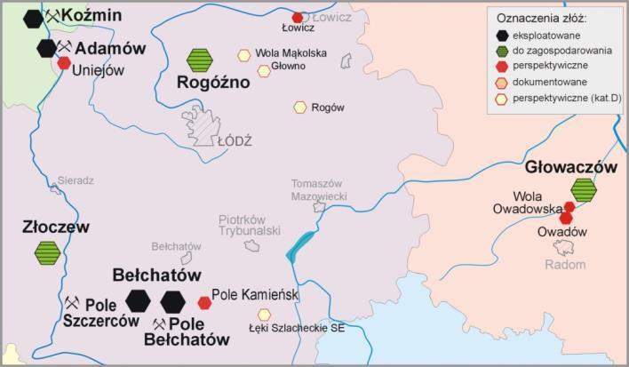 Rys. 9. Lokalizacja złóż zagłębia bełchatowskiego i złóż regionu łódzkiego (opracowanie własne) Fig. 9. Location of the deposits in the Bełchatów basin and the Łódź basin 2.