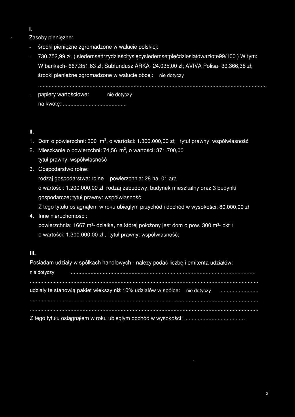 300.000,00 zł; tytuł prawny: współwłasność 2. Mieszkanie o powierzchni: 74,56 m", o wartości: 371.700,00 tytuł prawny: współwłasność 3.