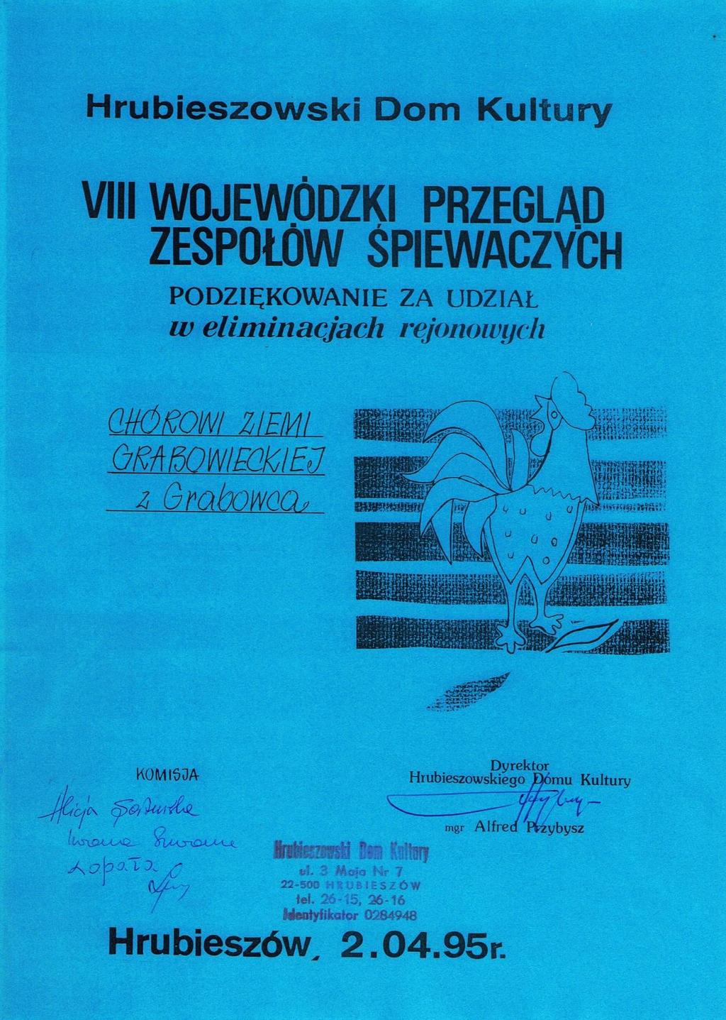 18 Historia Grabowca; dokumenty, legitymacje, dyplomy, medale, ; 1990-1999 Dokument 16 Rok 1995, 2 kwietnia.