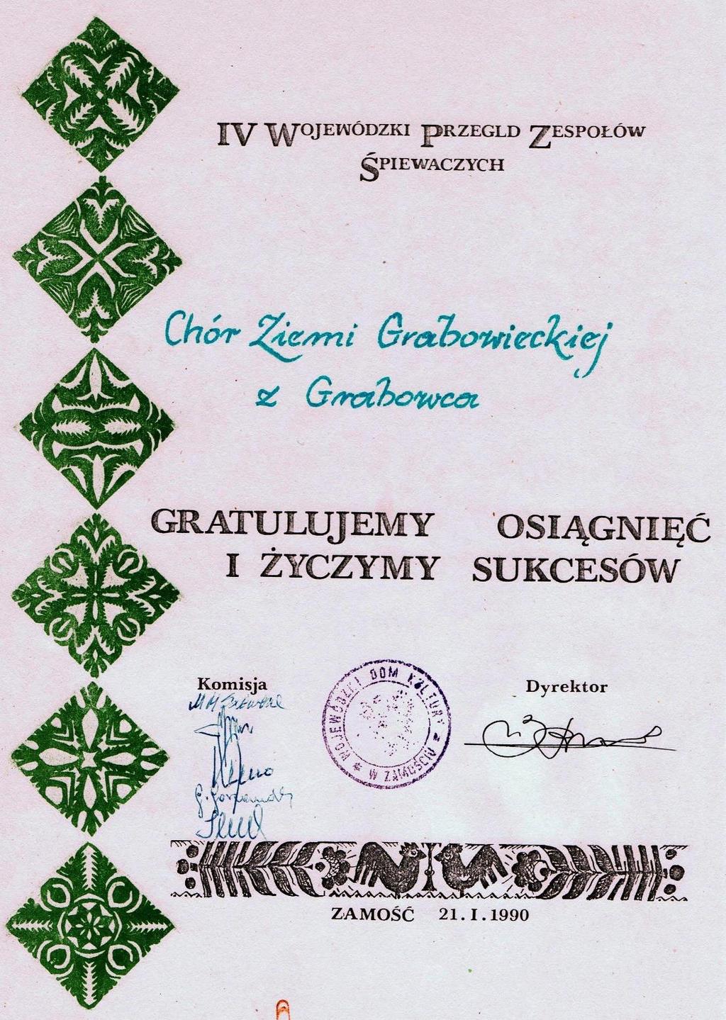 2 Historia Grabowca; dokumenty, legitymacje, dyplomy, medale, ; 1990-1999 Dokument 1 Rok 1990, 21 stycznia.