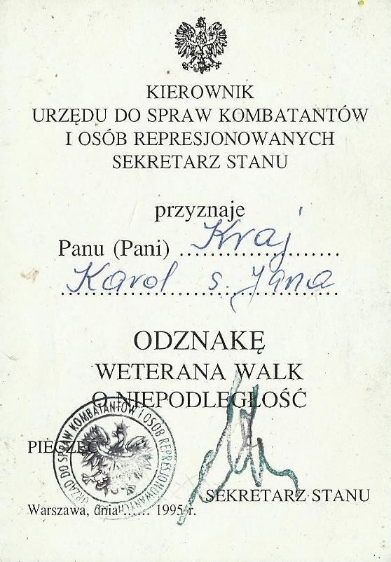 22 Historia Grabowca; dokumenty, legitymacje, dyplomy, medale, ; 1990-1999 Dokument 20 Rok 1995.