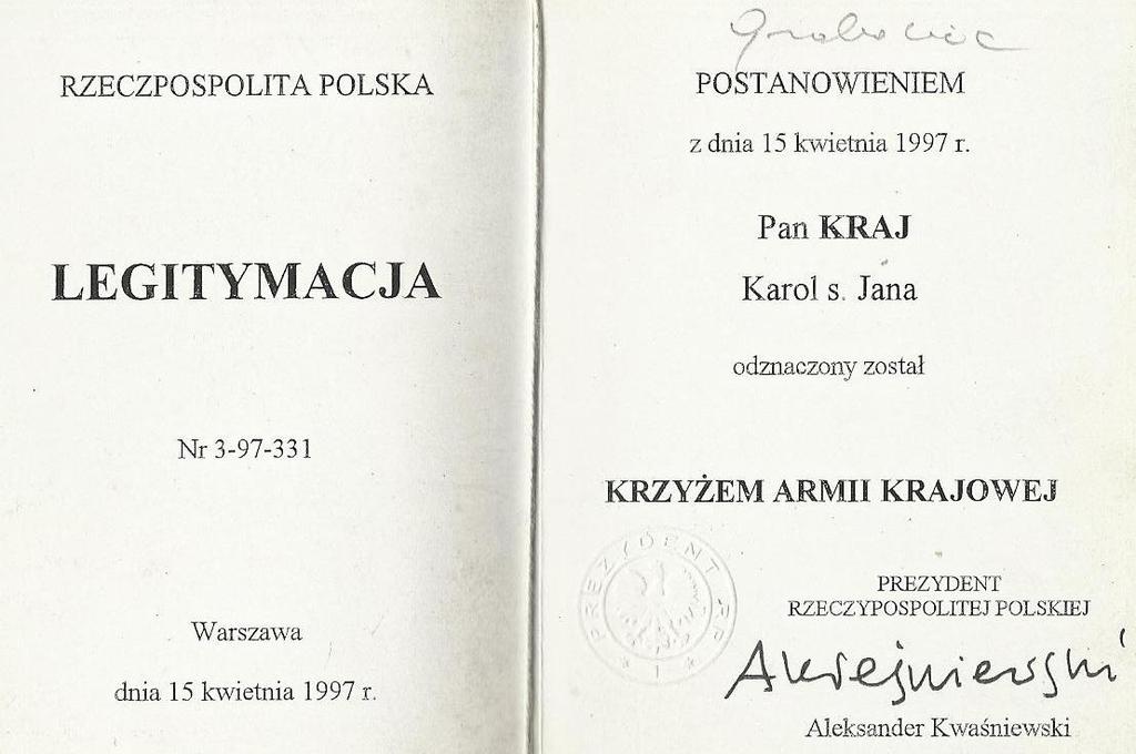 24 Historia Grabowca; dokumenty, legitymacje, dyplomy, medale, ; 1990-1999 Dokument 22 1997, 15 kwietnia.