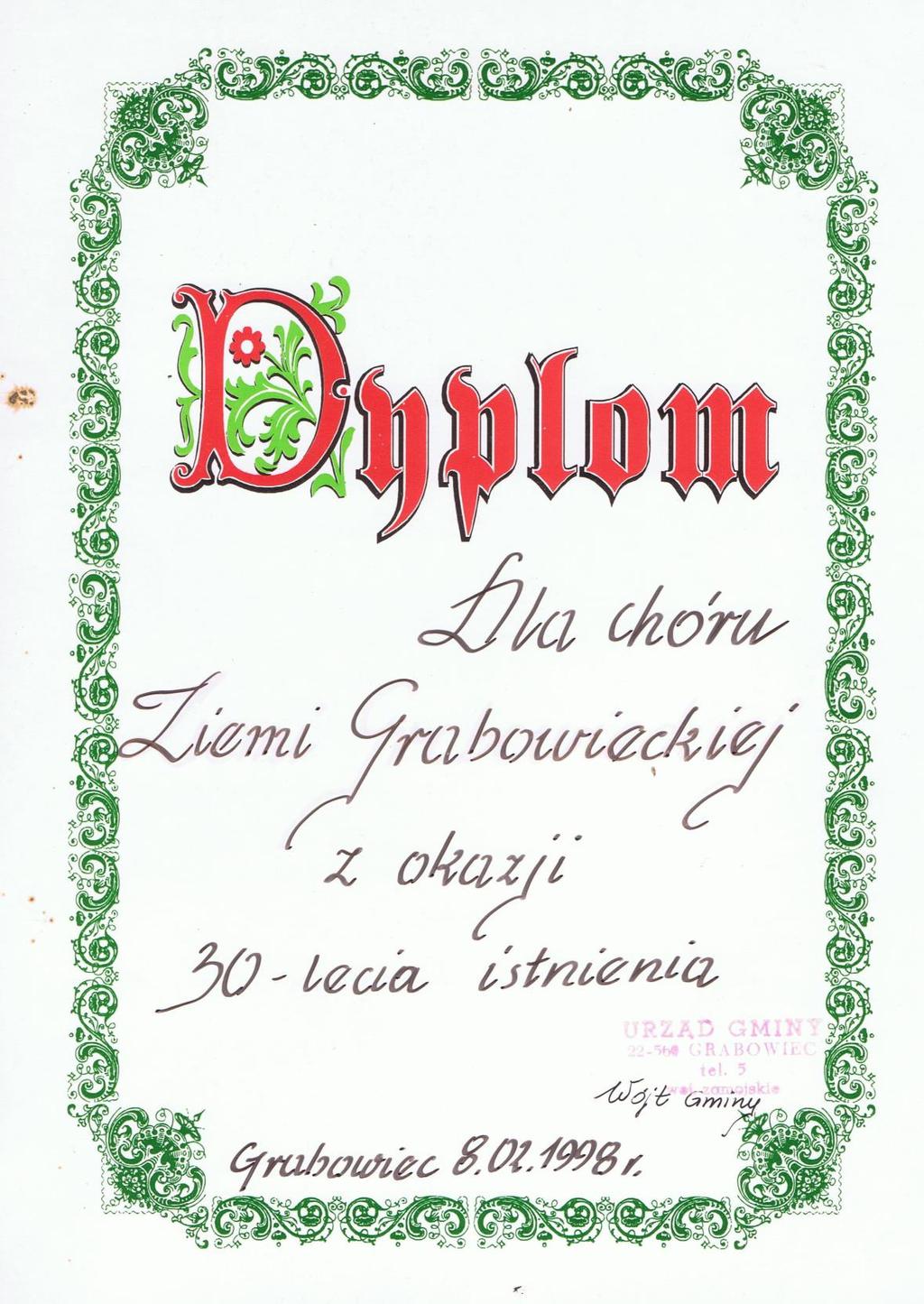 26 Historia Grabowca; dokumenty, legitymacje, dyplomy, medale, ; 1990-1999 Dokument 24 Rok 1998, 8