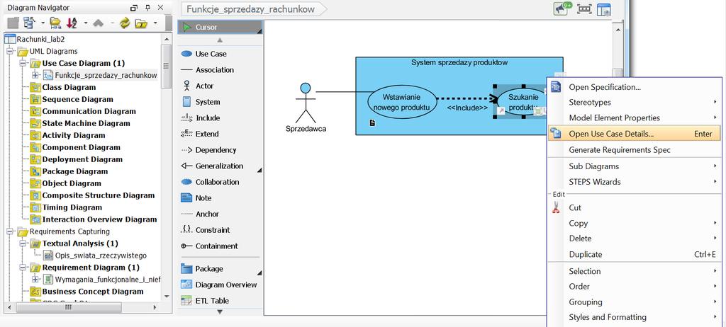 1.13. Definiowanie elementów typu Use Case po kliknięciu prawym