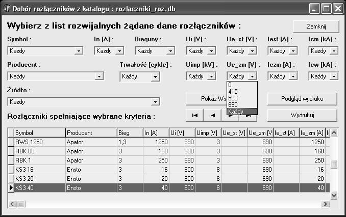 Wykorzystanie techniki cyfrowej do doboru oraz określenia tendencji... 109 Kryteria doboru dla poszczególnych parametrów określane są w polach doboru otwieranych strzałką.