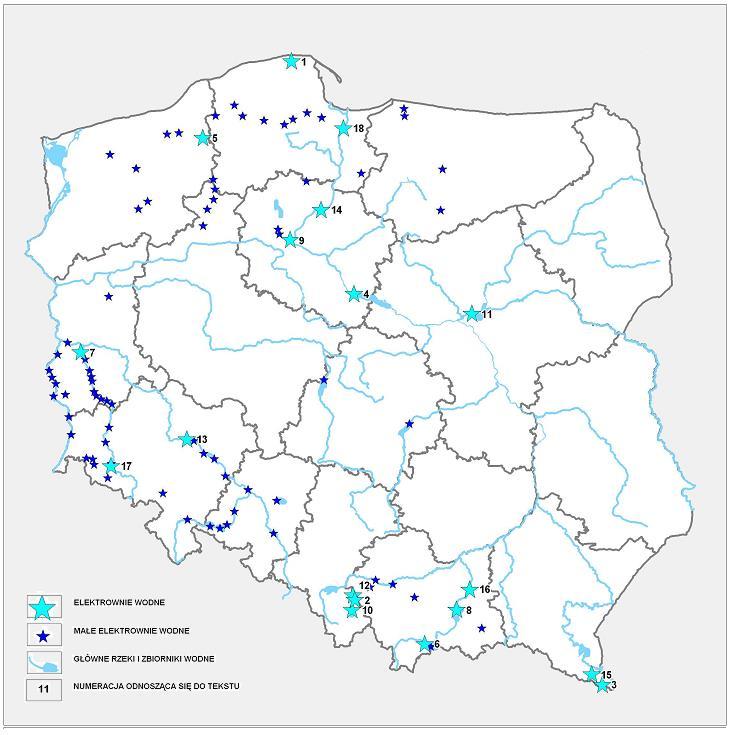 Rysunek 15. Elektrownie wodne i małe elektrownie wodne występujące w Polsce.