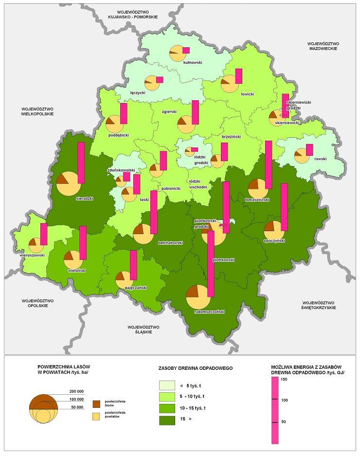 Rysunek 18. Potencjał energii drewna odpadowego według powiatów.