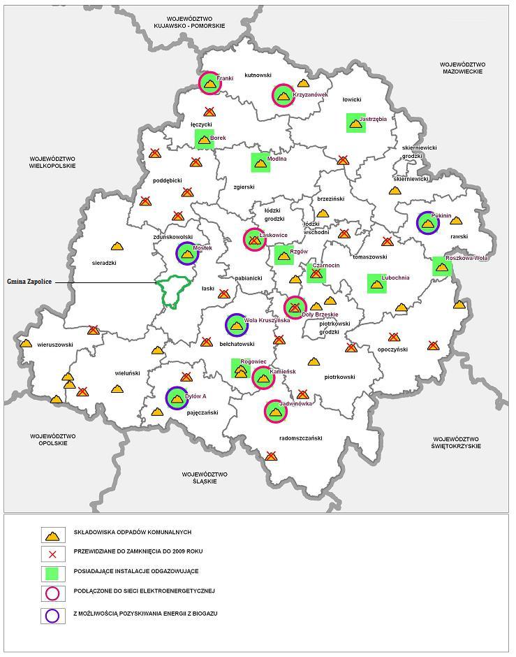 Rysunek 20. Składowiska odpadów komunalnych w poszczególnych powiatach województwa łódzkiego.