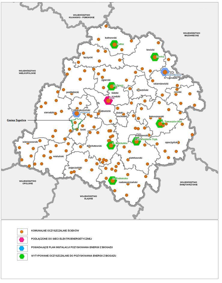 Rysunek 21. Komunalne oczyszczalnie ścieków w poszczególnych powiatach województwa łódzkiego.