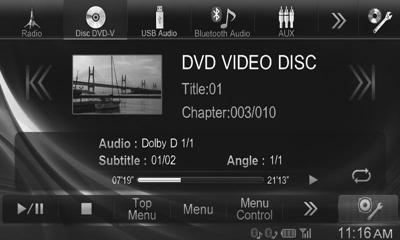 Obsługa DVD Instrukcja obsługi DVD Po dotknięciu ekranu odtwarzania DVD, wyświetla się ekran obsługi DVD. Poniżej znajduje się przykład ekranu obsługi DVD-VIDEO.