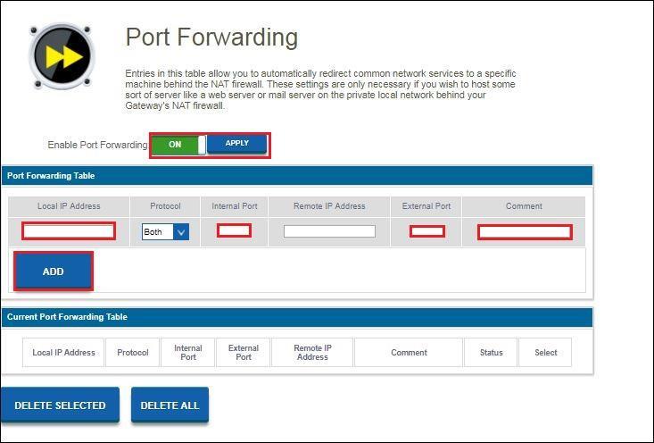 Pojawi się następujący ekran. 53 POLSKI 2. Kliknij przełącznik On/Off w polu Enable Port Forwarding. Naciśnij Apply 3.