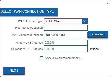 8 POLSKI 4. Upewnij się, że wybrano Typ dostępu WAN "DHCP Client" i naciśnij Next 5. Jeśli Twój dostawca wymaga nawiązania połączenia za pomocą statycznego adresu IP, przejdź do rozdziału 2.3.