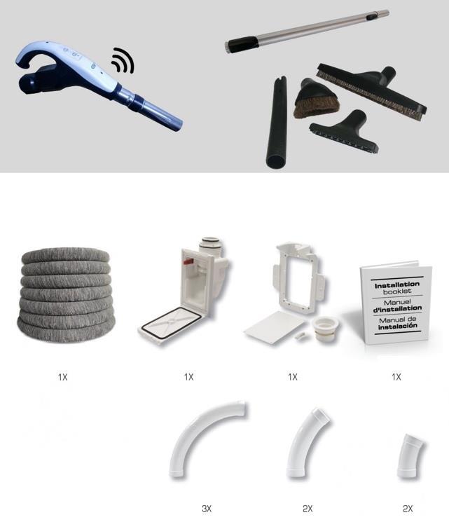 Zestaw Premium Hide-A-Hose 9M : 1. specjalistyczne gniazdo Hide-A-Hose, 2. Wąż Premium 9m + ochraniacz na wąż Premium 3. rękojeść węża z włącznikiem RF 4. rura teleskopowa Premium 5.