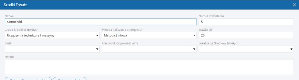 Wszelkie dodatkowe informacje dotyczące środka trwałego mogą zostać dodane w polu Notatki. Możesz otworzyć karty środków trwałych dodanych do programu przechodząc do Środki Trwałe > Środki Trwałe.