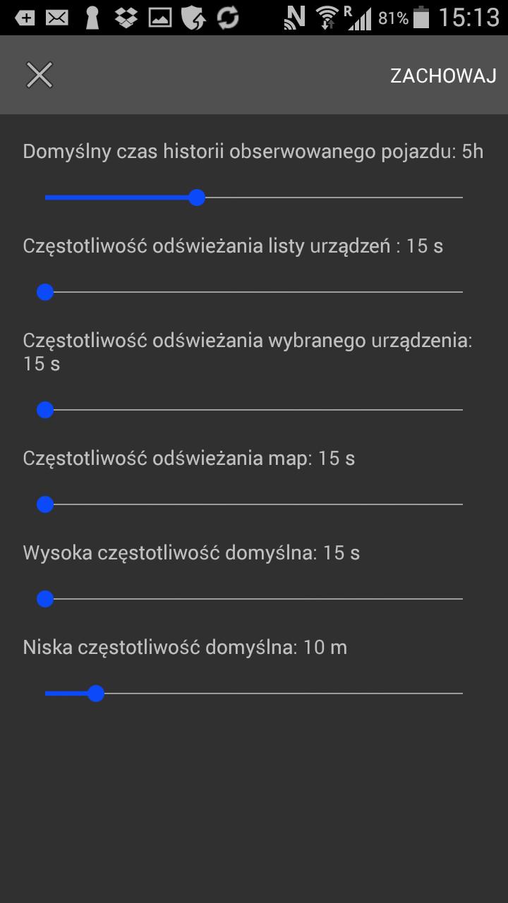 Pozostałe ustawienia aplikacji Częstotliwości odświeżania to częstotliwości pobierania danych z serwera Ustawianie częstotliwości