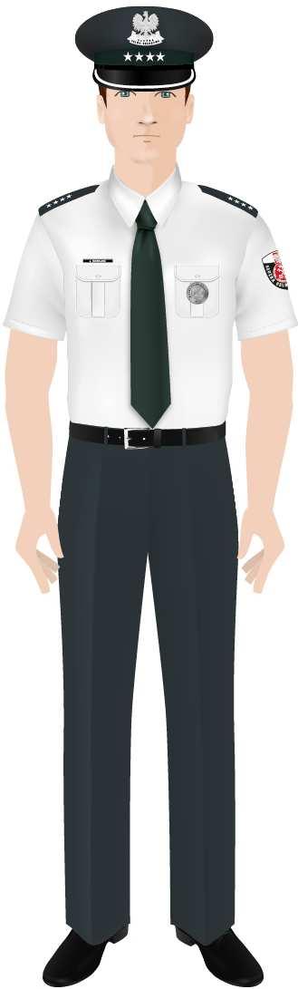 koszulę z krótkim rękawem w kolorze białym, krawat dla funkcjonariusza mężczyzny albo krawatkę dla funkcjonariusza kobiety, czapkę