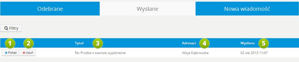 6.3. Wysłane RYS. 15 PLATFORMA EDUSCIENCE WIADOMOŚCI WYSŁANE 1. 2. 3. 4. 5.