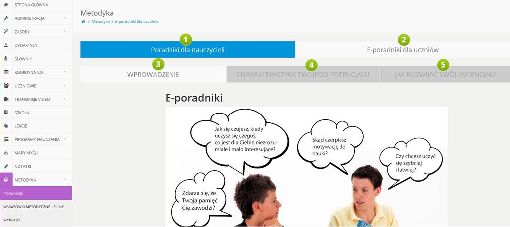 12. Metodyka RYS. 29 PLATFORMA EDUSCIENCE METODYKA 1. Poradniki dla nauczycieli w tym miejscu znajdują się poradniki metodyczne podzielone wg etapów edukacyjnych.