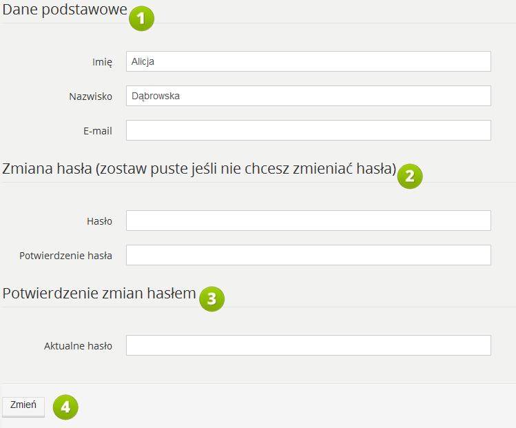 3. Ustawienia profilu RYS. 7 PLATFORMA EDUSCIENCE USTAWIENIA PROFILU 1. Dane podstawowe zawierają podstawowe dane użytkownika, takie jak imię, nazwisko, adres e-mail.