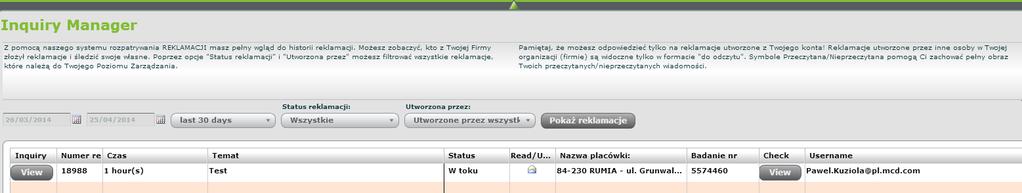 Klikając na Odpowiedz można wysłać odpowiedź do INTERNATIONAL SERVICE CHECK.