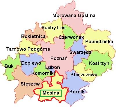 2. Krótka charakterystyka gminy Mosina 2.1 Położenie Gmina Mosina położona jest w województwie wielkopolskim, należy do powiatu poznańskiego. 2.2 Miejscowości wchodzące w skład gminy Mosina Gmina Mosina liczy 21 sołectw.
