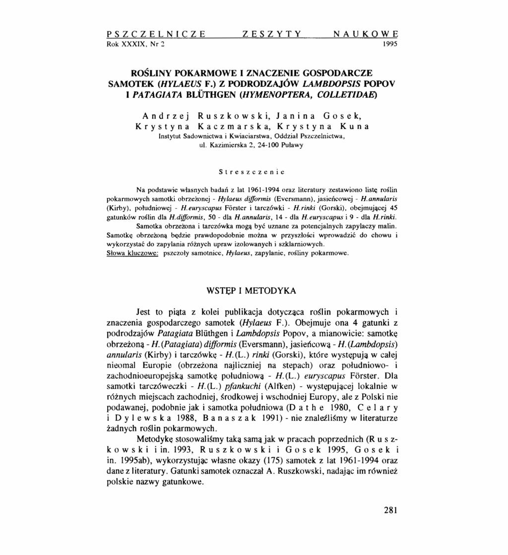 PSZCZELNCZE ZESZYTY NAUKOWE Rok XXXX, Nr:! 1995 ROŚLNY POKARMOWE ZNACZENE GOSPODARCZE SAMOTEK (HYLAEUS F.